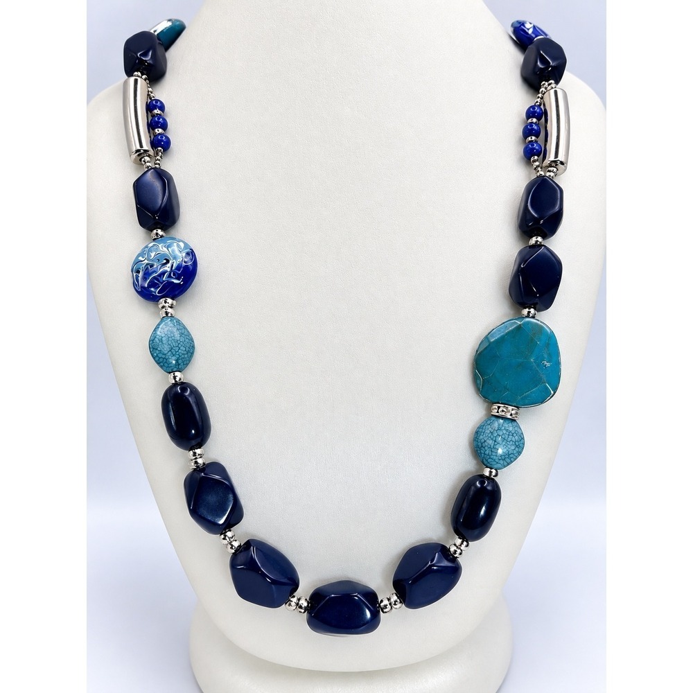 Chicos Beaded Necklace Womens OS Blue Good Chunky Statement Mixed Media Glass